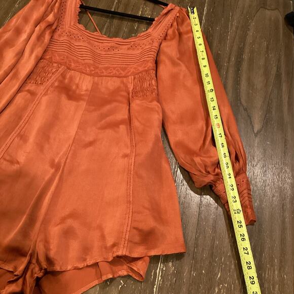 Free People Farrow Boho Romper Playsuit Viscose Terra Orange Long Sleeve US 2 - Picture 5 of 11